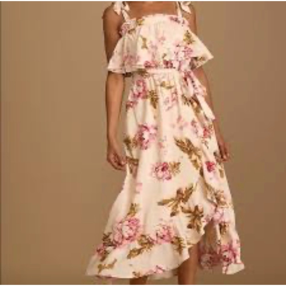 Lulus Timeless Love Blush Floral Ruffle Tie-Strap Midi Dress Cream Pink XS